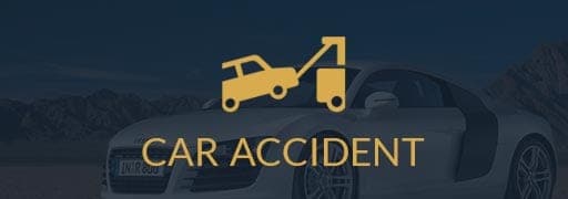 Car accident banner with car towing symbol and background photo