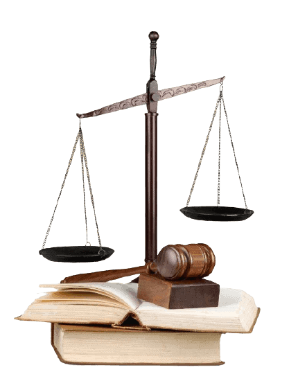 Justice weighing scale on top of thick books and a gavel