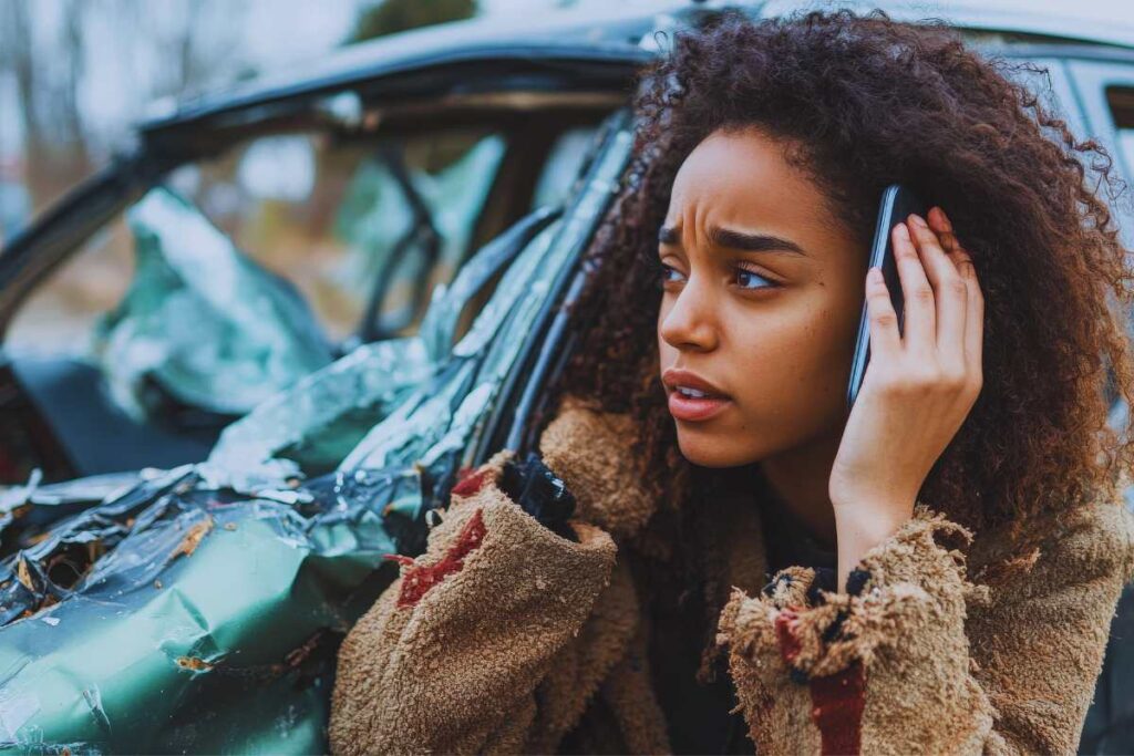 Woman on the phone beside a heavily damaged car after a rideshare accident in San Diego, trying to get help and report the crash.