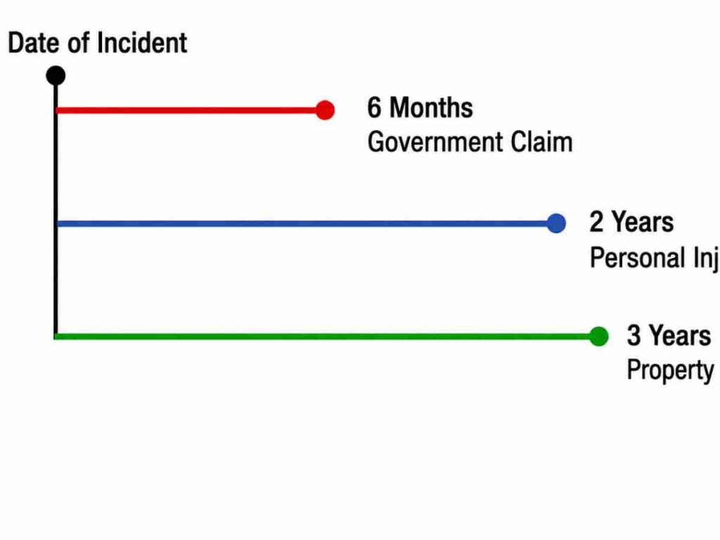 Timeline diagram showing three concurrent California filing deadlines from a single incident: six-month government claim, two-year personal injury, and three-year property damage