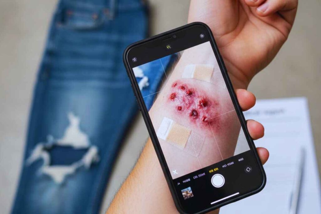 Person photographing a dog bite injury and torn clothing to preserve evidence after an incident