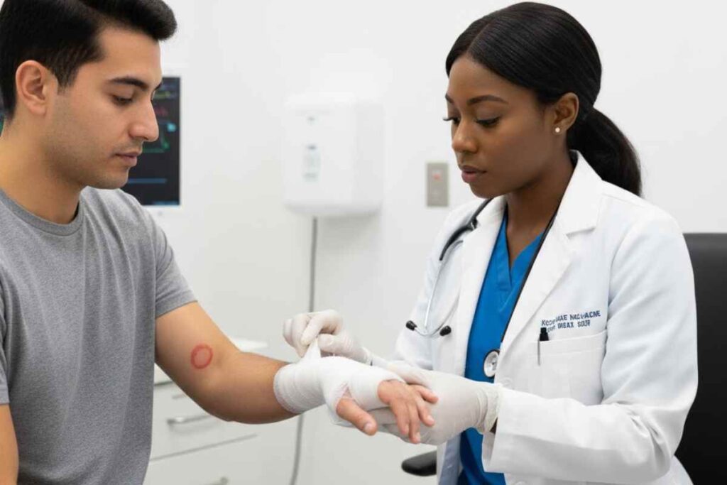 Doctor examining a dog bite wound on a patient’s hand during a medical evaluation in San Diego