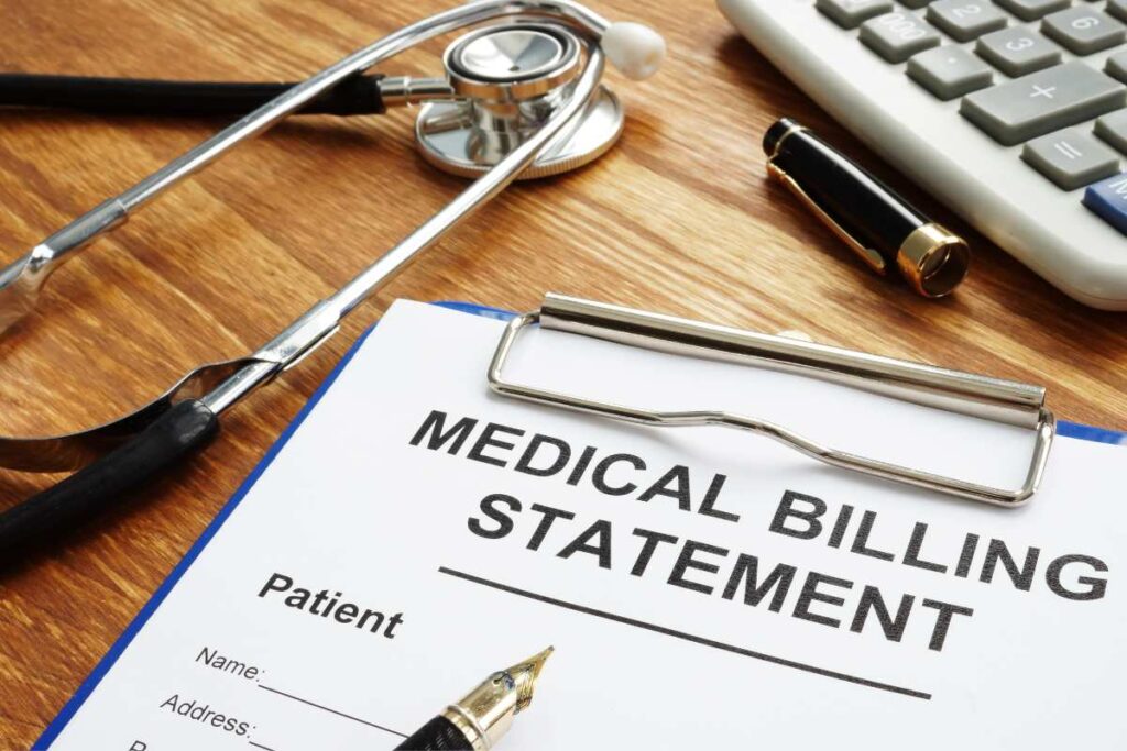 medical billing statement, stethoscope, and pen representing crash-related healthcare costs in San Diego

